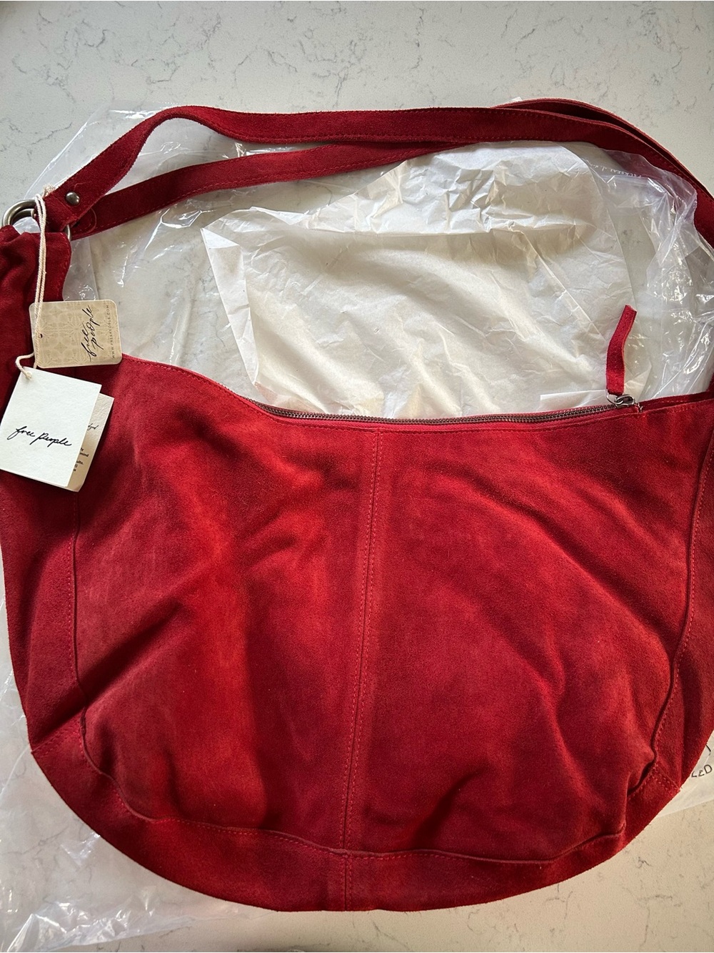 🍓NWT Free People Suede Roma Tote in Garnet With Included Strawberry Bag Charm - Picture 6 of 11